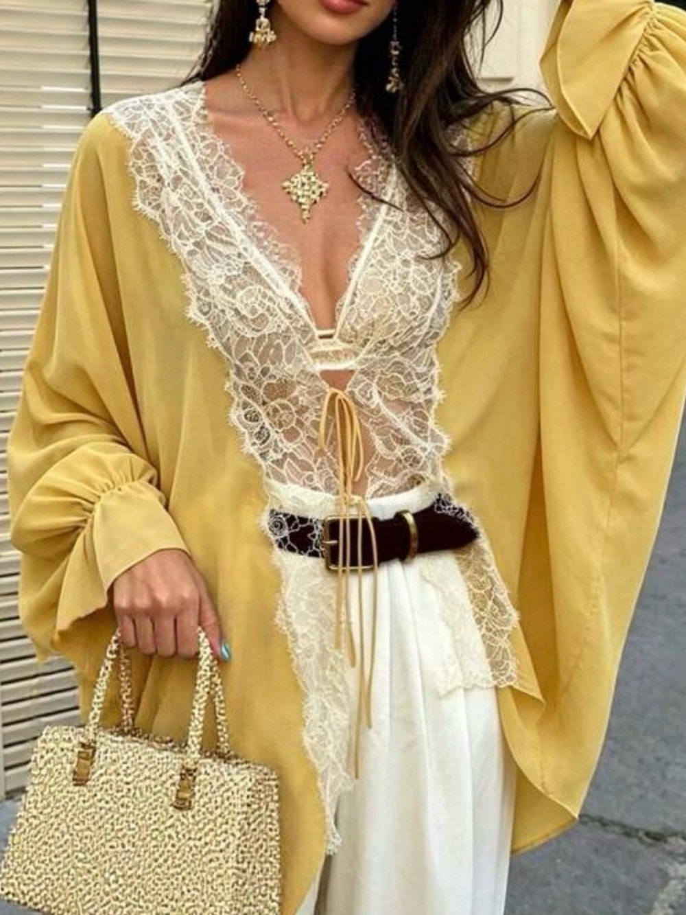 Elegant Mustard Lace-Trim Blouse by